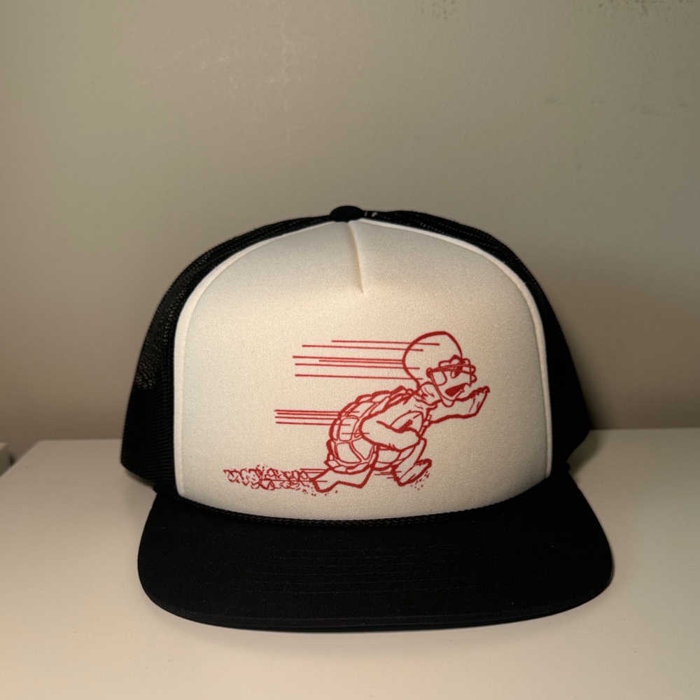 Black and White Trucker Hat with Red Graphic